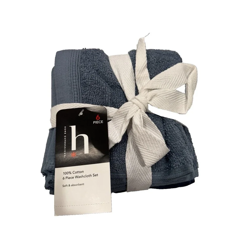 New Home Expressions Blue Navy Cotton Wash Cloths Set of 6